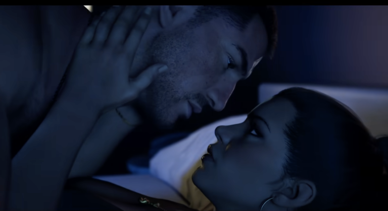 Jason and Lucia looking at each other from the trailer